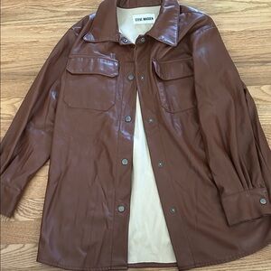 Steve Madden Chest-Pocket Faux Leather Shacket in Rich Brown